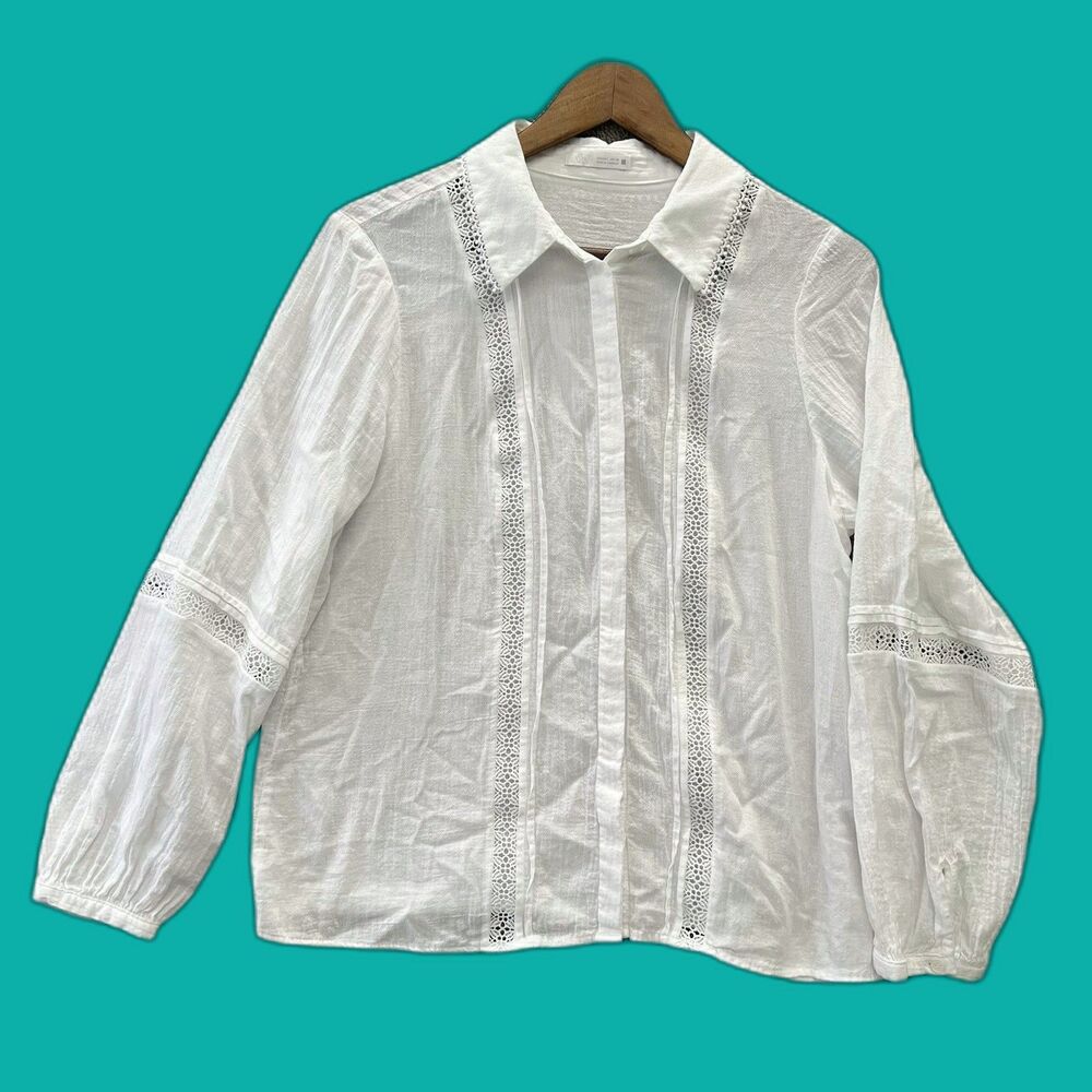 Zara White Lace Blouse Ruffled Eyelet Long Sleeve Shirt L Cottagecore Romantic
